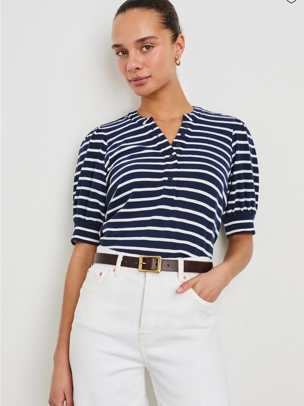 Rails Navy & White Striped Henley Puff-Sleeve Top